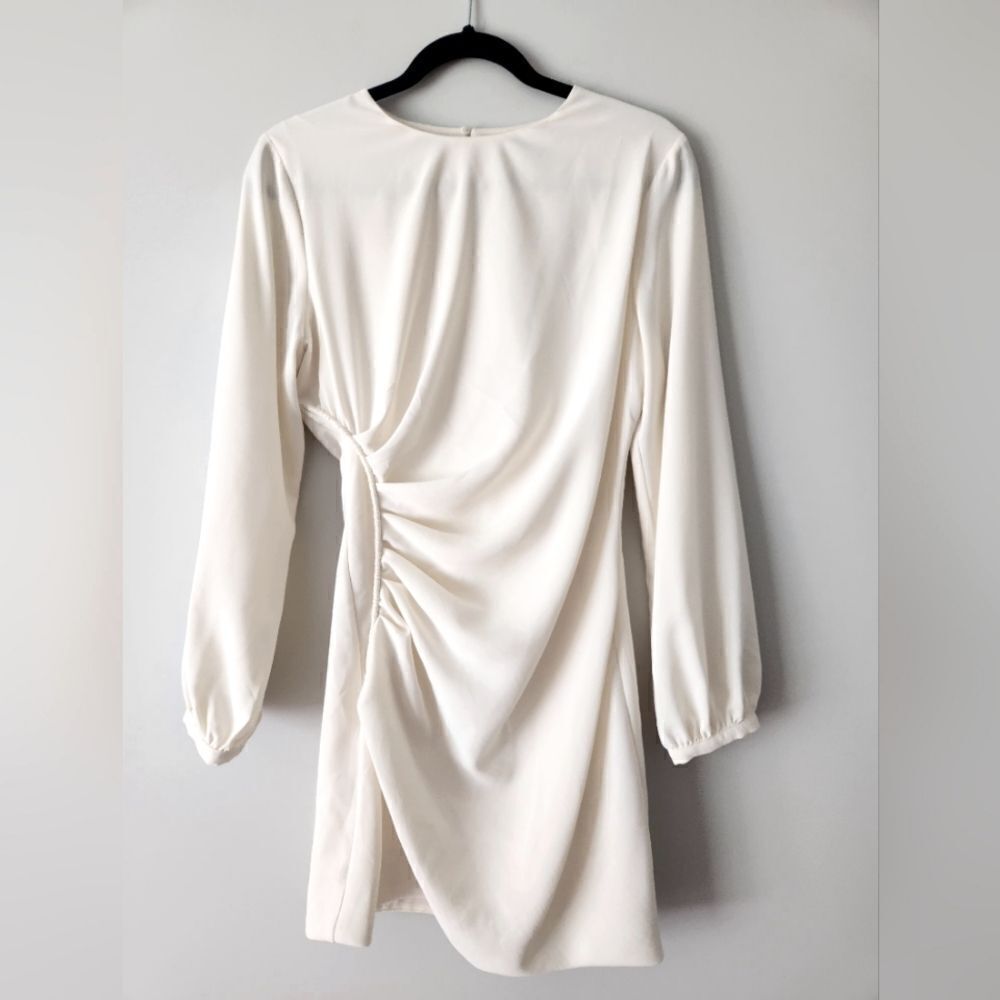 Zara Off-White Long-Sleeve Ruched Mini Dress